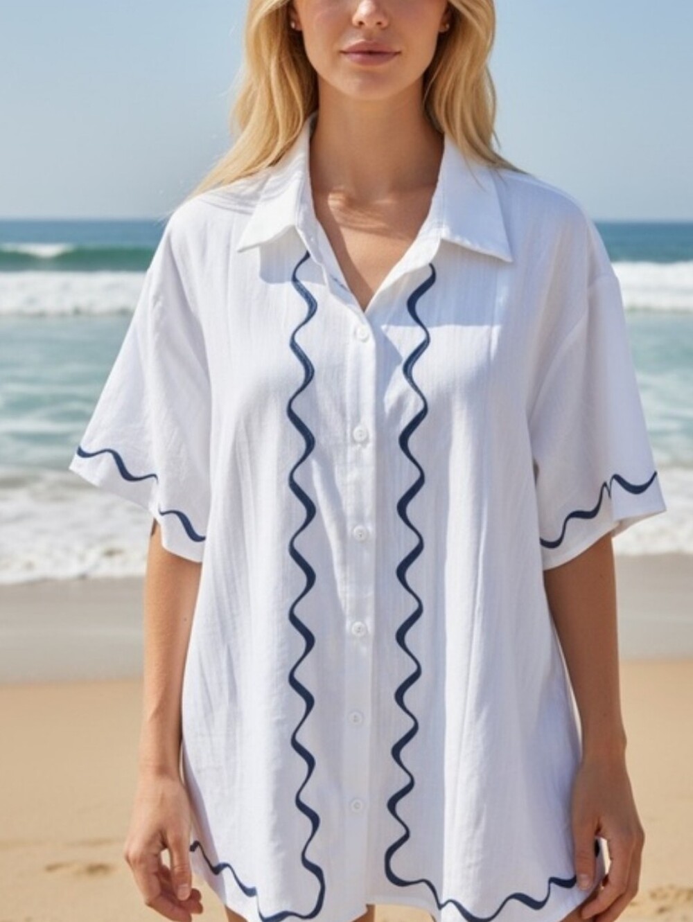 Pretty Garden White Short-Sleeve Button Front Top with Navy Wave Trim